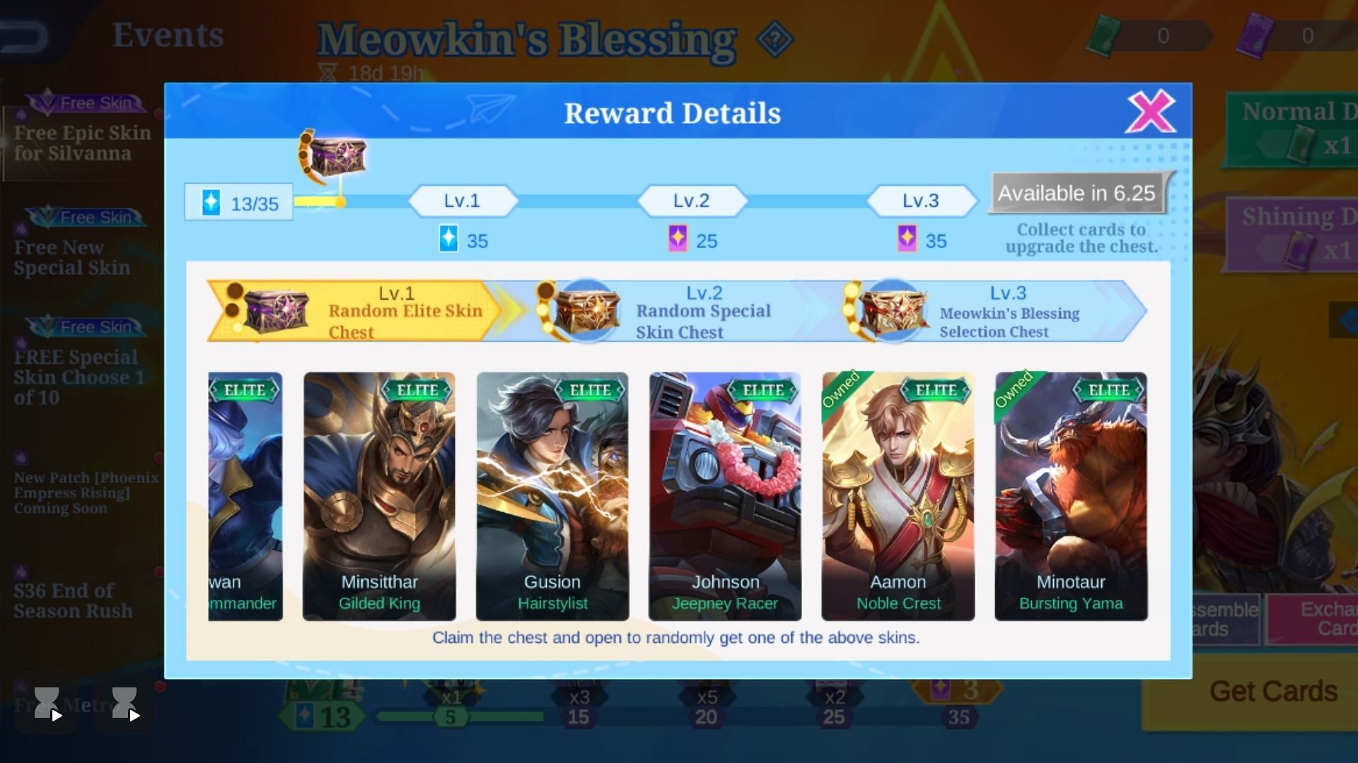 Collect the 35 Holo Cards to upgrade your chest and get the Silvana "Meowkin Warden" skin in MLBB for free (Image via Moonton Games)